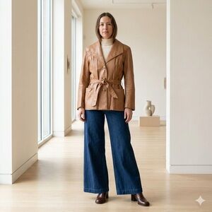 Vintage The Old Mill Glen Laine by Bainton Tan Leather Belted Jacket - Large